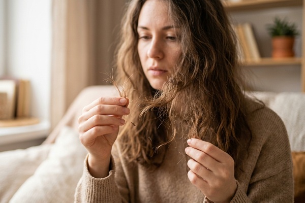 Mujer observando con tristeza los pelos rotos de la punta del cabello por no tener una rutina de cuidado capilar adecuada