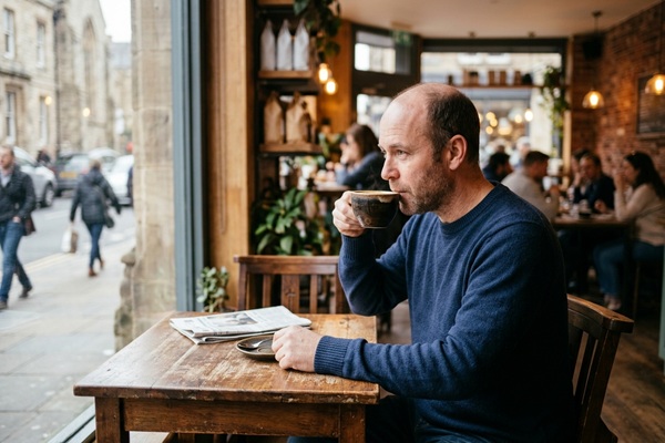 Hombre con alopecia tomando café lo cual está prohibido antes de un implante de cabello