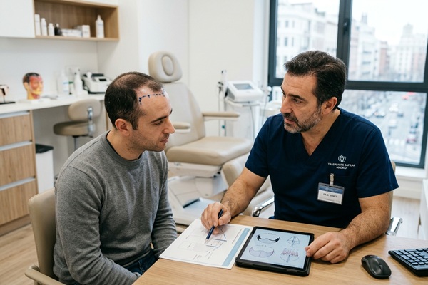 Médico tricólogo explicándole a un hombre las medidas especiales que debe tomar antes del trasplante de cabello